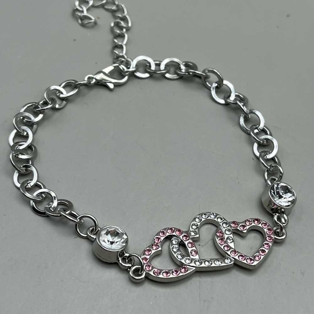 Sweetheart Charm Bracelet - Pink and Clear Rhinestones Hearts on Silver Chain